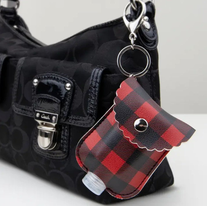 Faux Leather Hand Sanitizer Holder Keychain - Buffalo Plaid - Set of 2