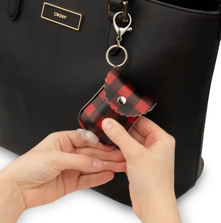 Faux Leather Hand Sanitizer Holder Keychain - Buffalo Plaid - Set of 2