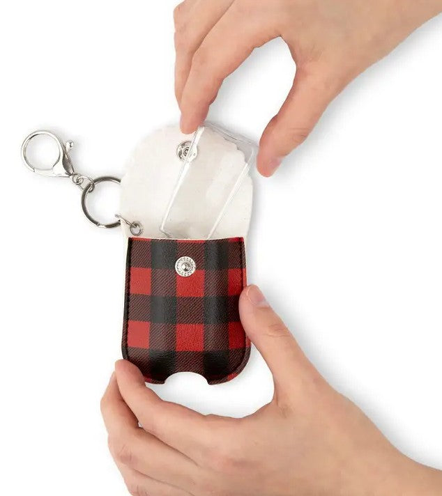 Faux Leather Hand Sanitizer Holder Keychain - Buffalo Plaid - Set of 2
