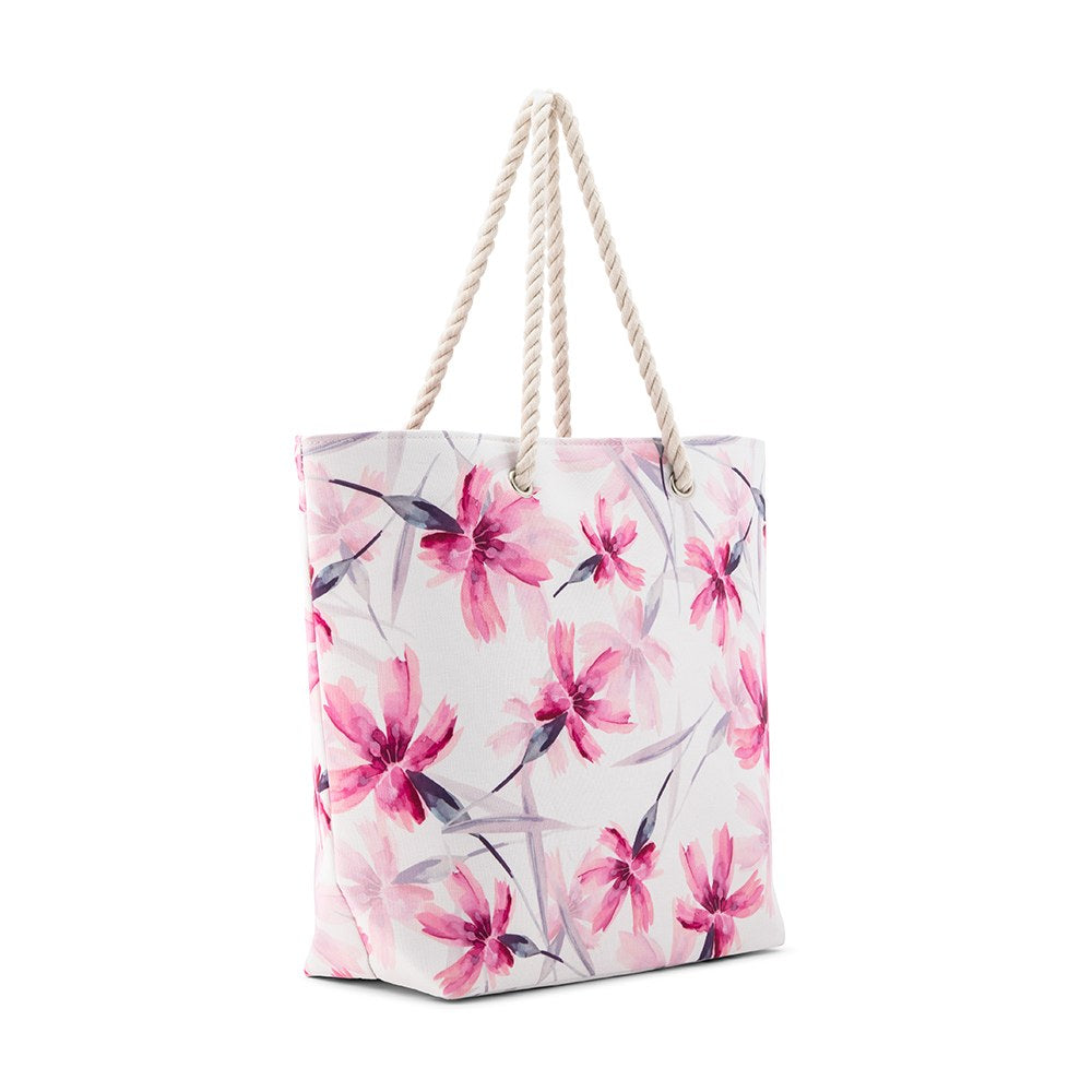 Extra-Large Cotton Canvas Fabric Beach Tote Bag - Pink Floral Watercolor
