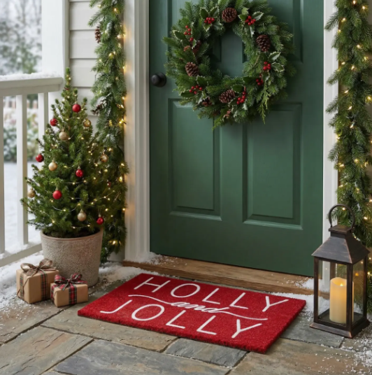 Holly and Jolly - Flock Print Front Door Mat