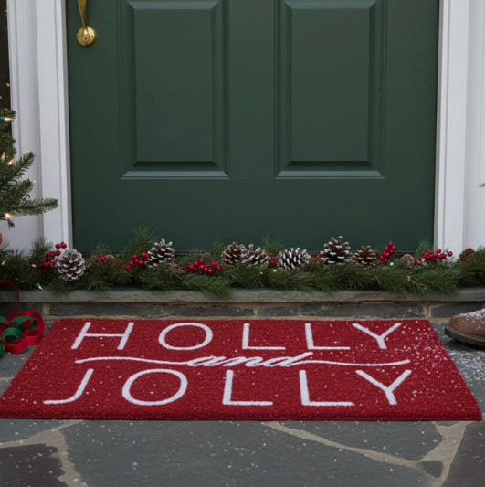Holly and Jolly - Flock Print Front Door Mat