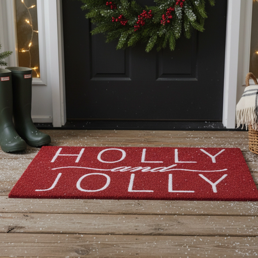 Holly and Jolly - Flock Print Front Door Mat