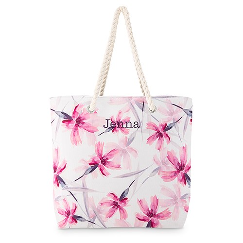 Extra-Large Cotton Canvas Fabric Beach Tote Bag - Pink Floral Watercolor - CLICK TO PERSONALIZE!