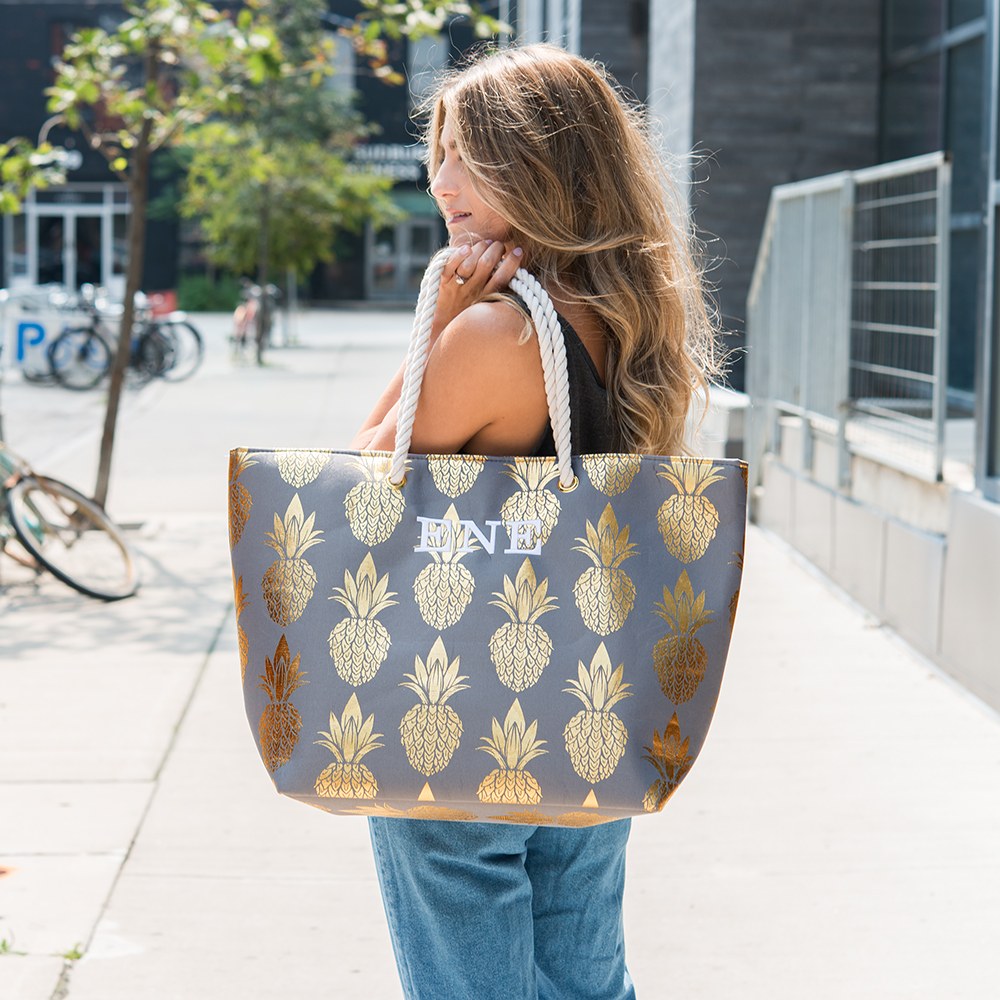 Extra-Large Cotton Canvas Fabric Beach Tote Bag Gold Pineapple