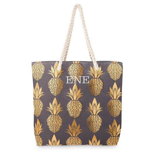 Extra-Large Cotton Canvas Fabric Beach Tote Bag - Gold Pineapple - CLICK TO PERSONALIZE!