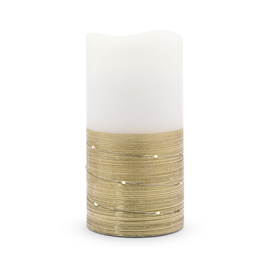 Artificial Flameless LED Pillar Candle - White & Gold Wire