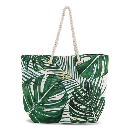 Extra-Large Cotton Canvas Fabric Beach Tote Bag - Green Palm Leaf - CLICK TO PERSONALIZE!
